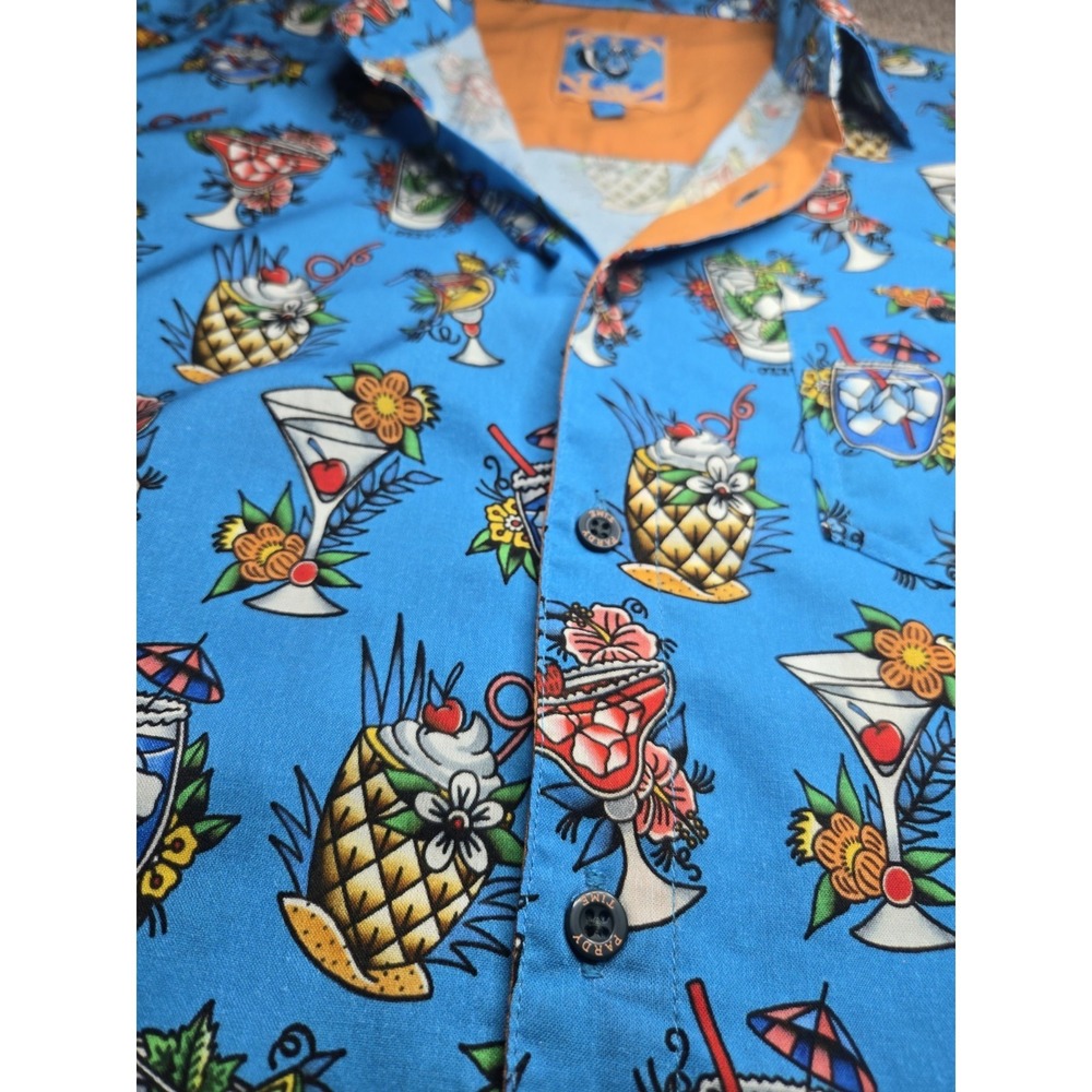 Pardy Time Sundy Funday Tropical Graphic Button-Up Shirt Blue Short Sleeve M - Picture 2 of 7